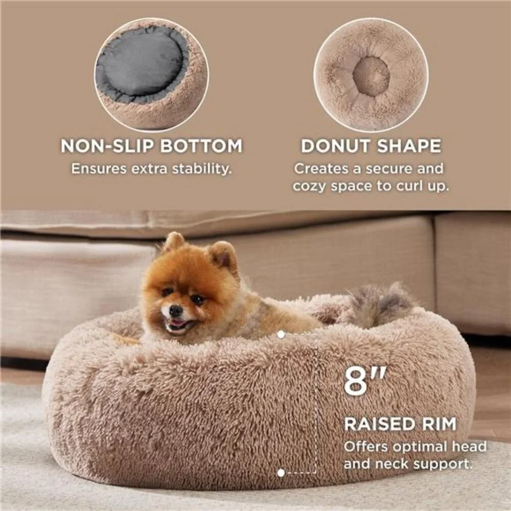 Calming Cat Bed Small Round Plush Donut Pet Bed Fluffy Soft Washable for Cats